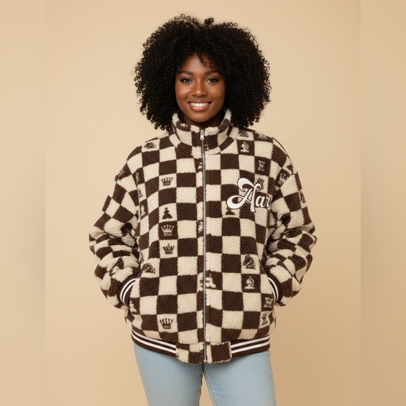 Jackets & Blazers - Brown and Cream Checkered Fleece Jacket
